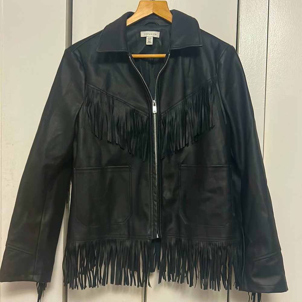 Topshop faux leather fringe jacket